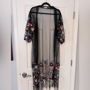 Thigh Length Beach Coverup - Black with Floral Embroidery